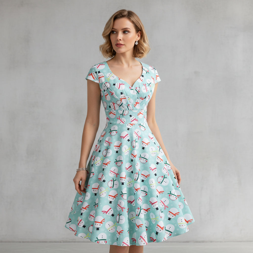 Bedrucktes Damenkleid | Weihnachten | V-Ausschnitt