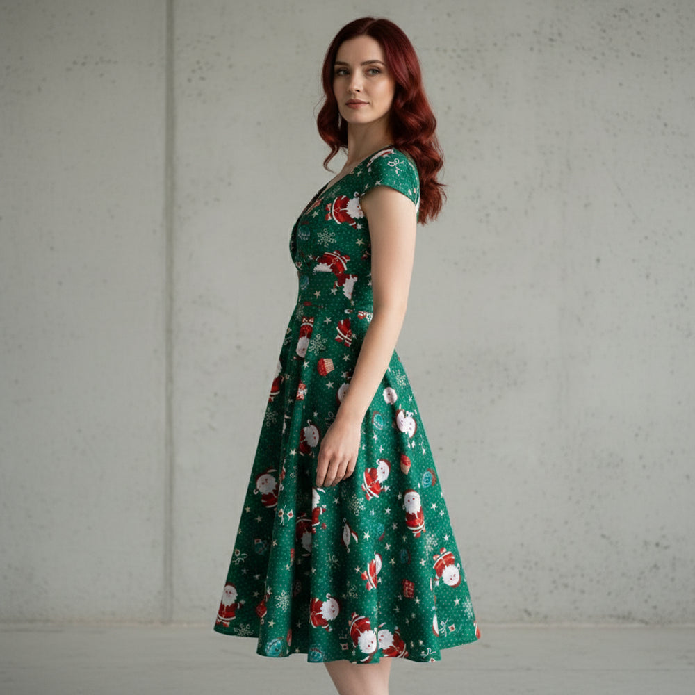 Bedrucktes Damenkleid | Weihnachten | V-Ausschnitt