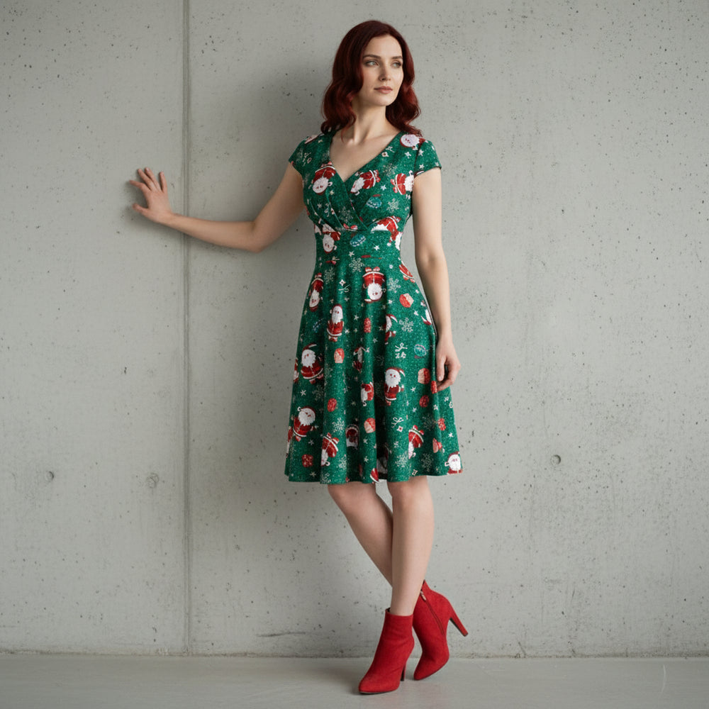Bedrucktes Damenkleid | Weihnachten | V-Ausschnitt