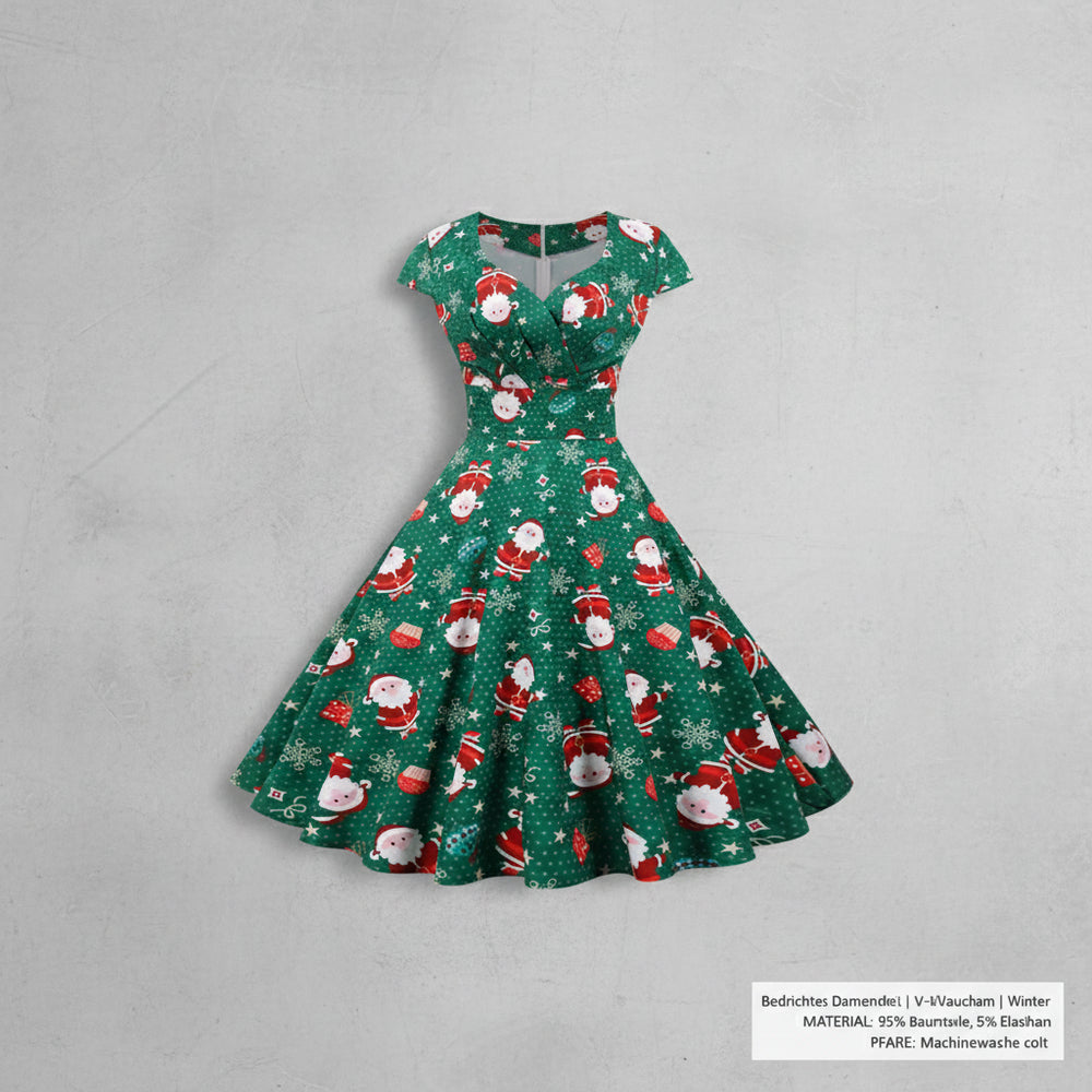 Bedrucktes Damenkleid | Weihnachten | V-Ausschnitt