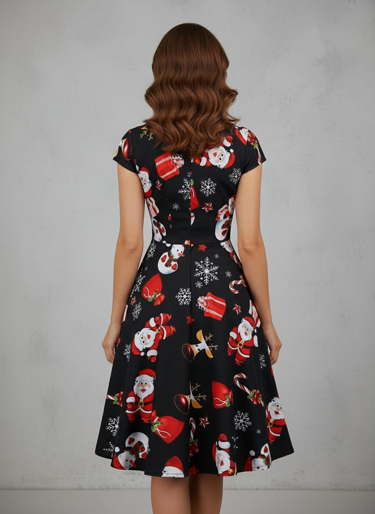 Bedrucktes Damenkleid | Weihnachten | V-Ausschnitt