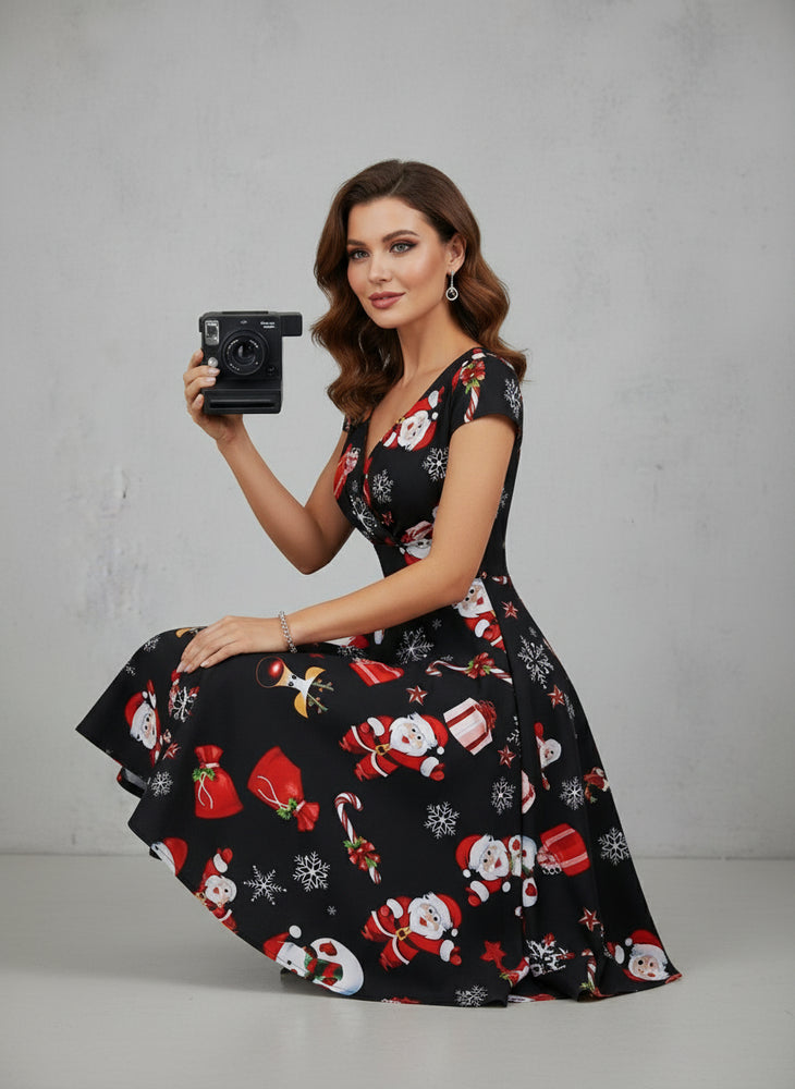 Bedrucktes Damenkleid | Weihnachten | V-Ausschnitt