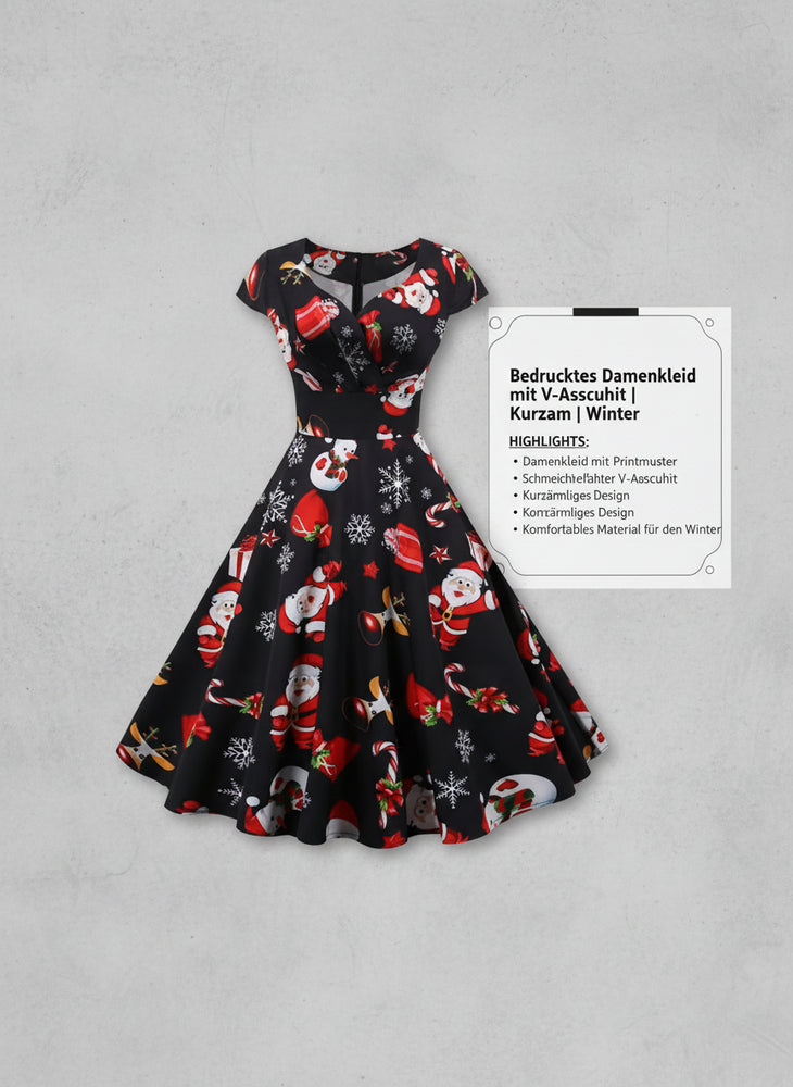 Bedrucktes Damenkleid | Weihnachten | V-Ausschnitt