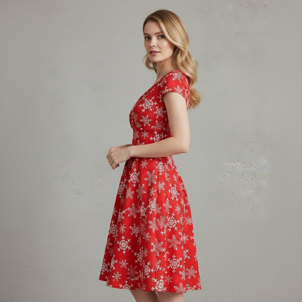 Bedrucktes Damenkleid | Weihnachten | V-Ausschnitt