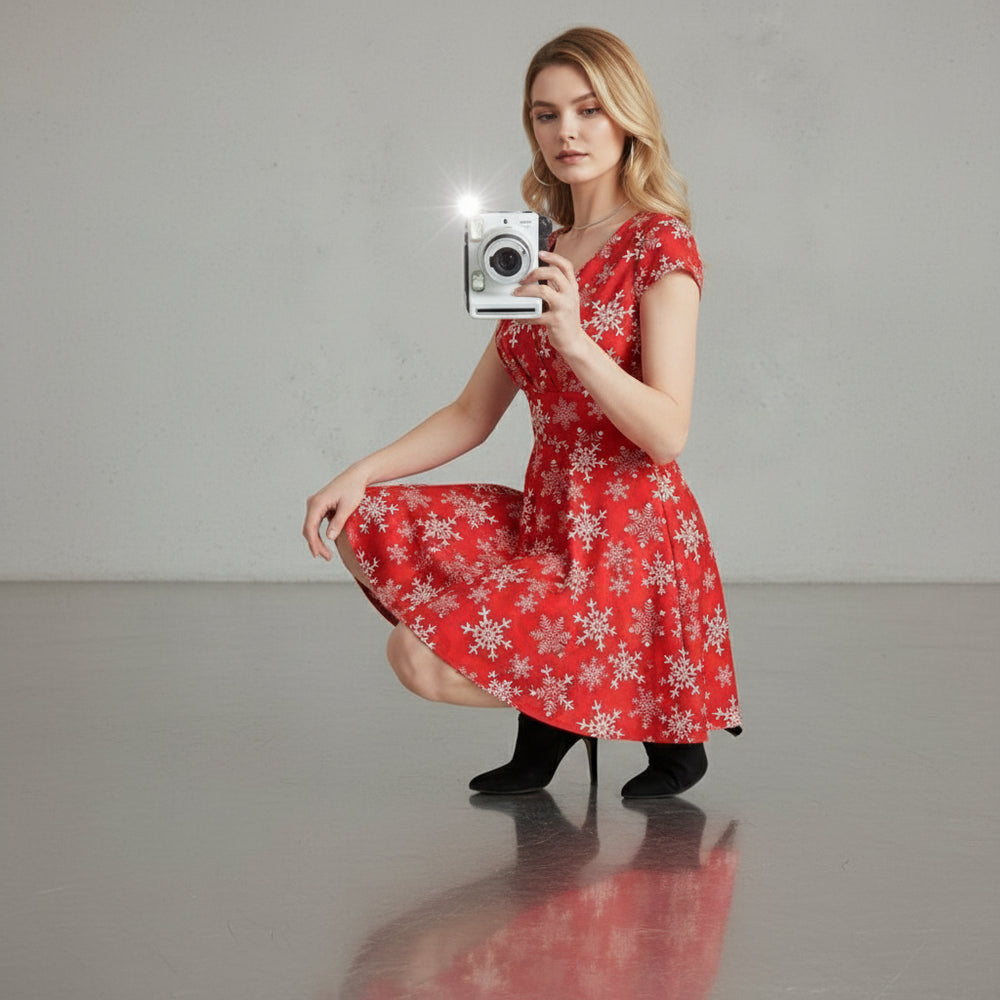 Bedrucktes Damenkleid | Weihnachten | V-Ausschnitt