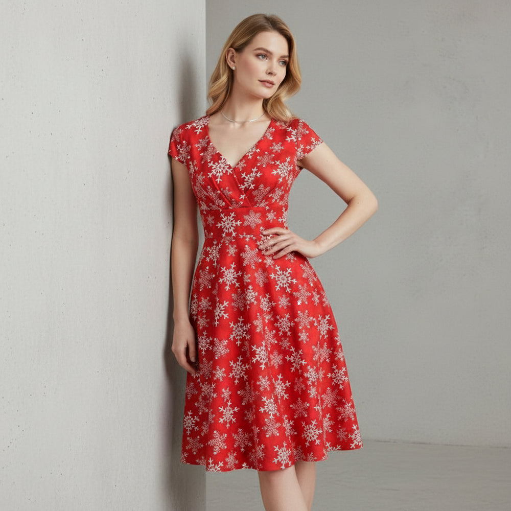 Bedrucktes Damenkleid | Weihnachten | V-Ausschnitt