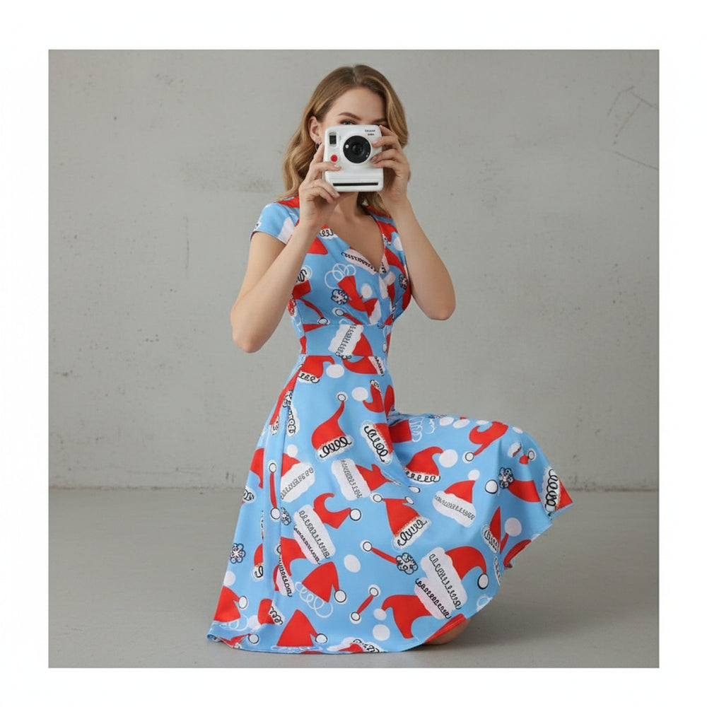 Bedrucktes Damenkleid | Weihnachten | V-Ausschnitt