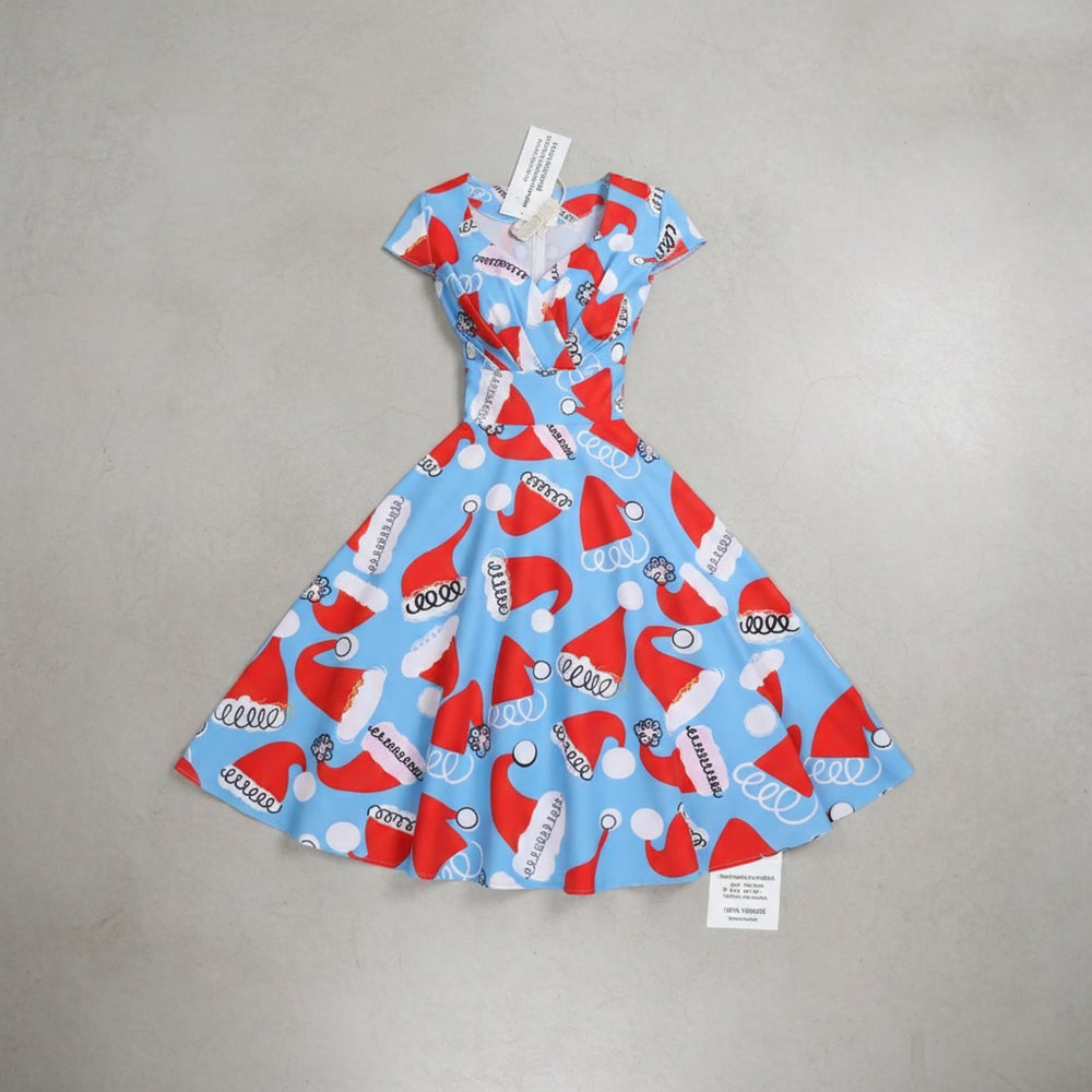 Bedrucktes Damenkleid | Weihnachten | V-Ausschnitt