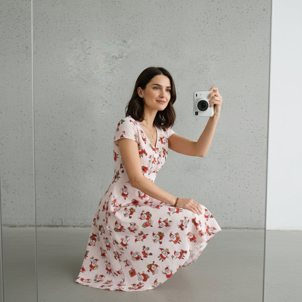 Bedrucktes Damenkleid | Weihnachten | V-Ausschnitt