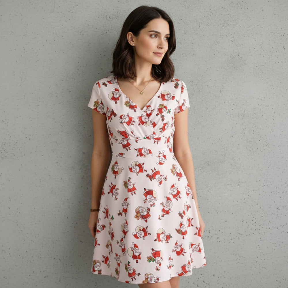 Bedrucktes Damenkleid | Weihnachten | V-Ausschnitt