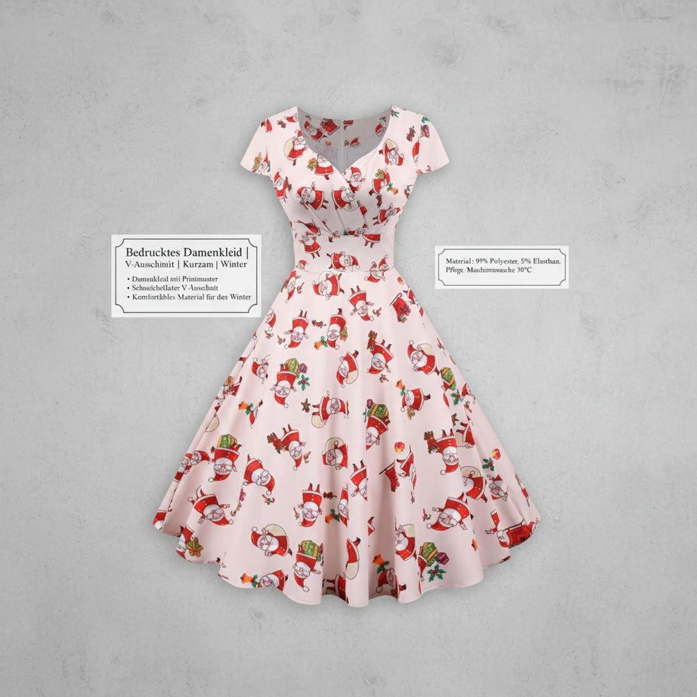Bedrucktes Damenkleid | Weihnachten | V-Ausschnitt