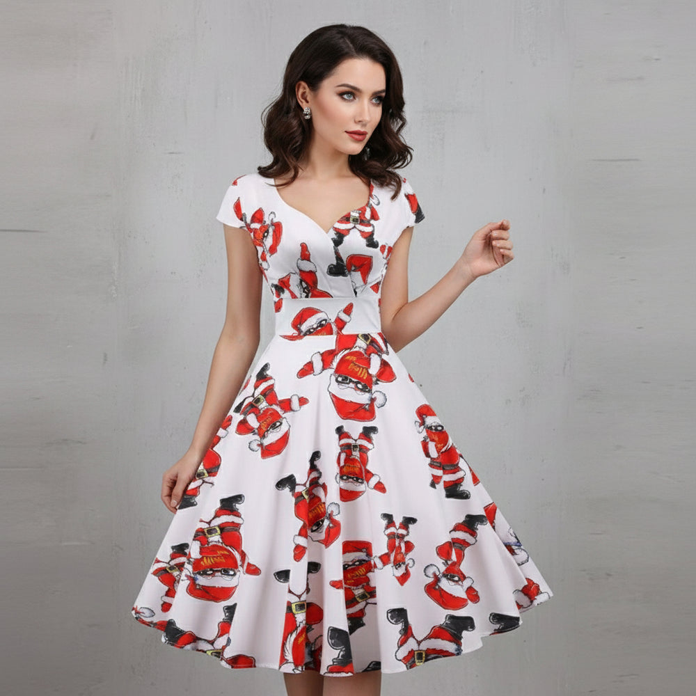 Bedrucktes Damenkleid | Weihnachten | V-Ausschnitt