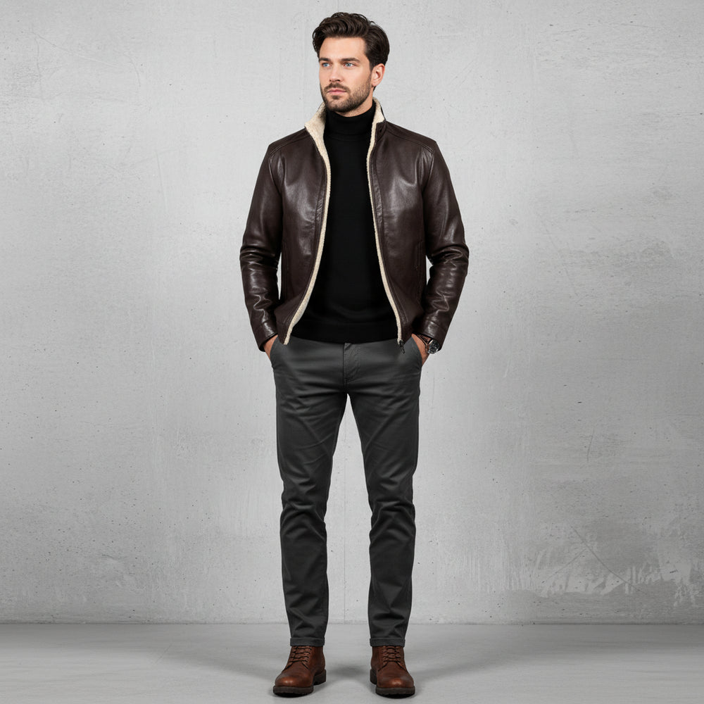 Lässige Herren Lederjacke Stehkragen | Plüschfutter