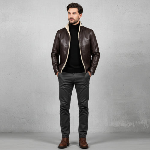 Lässige Herren Lederjacke Stehkragen | Plüschfutter