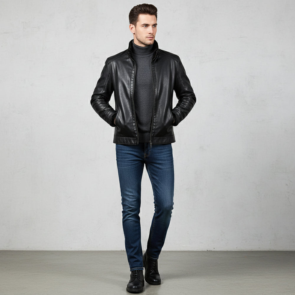 Lässige Herren Lederjacke Stehkragen | Plüschfutter