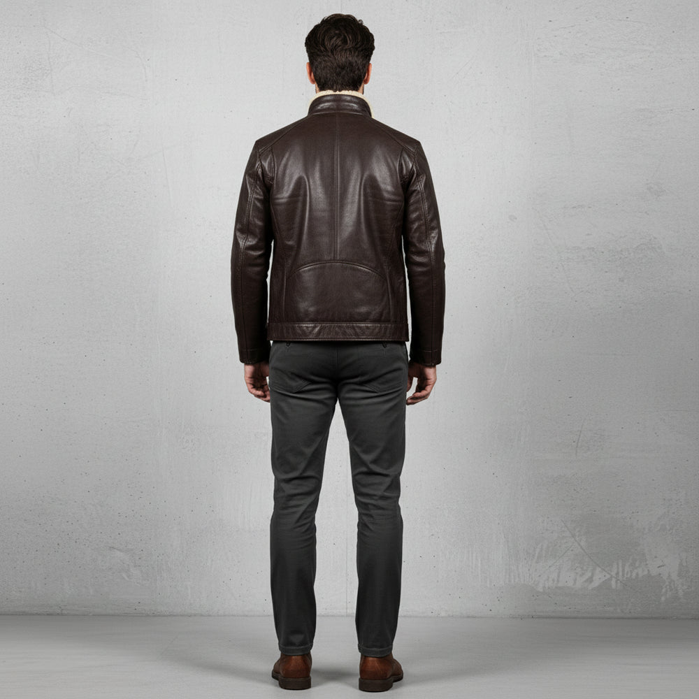 Lässige Herren Lederjacke Stehkragen | Plüschfutter