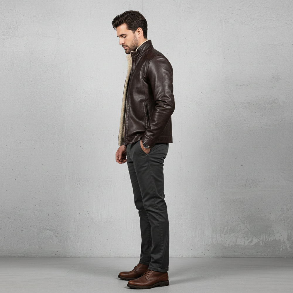 Lässige Herren Lederjacke Stehkragen | Plüschfutter