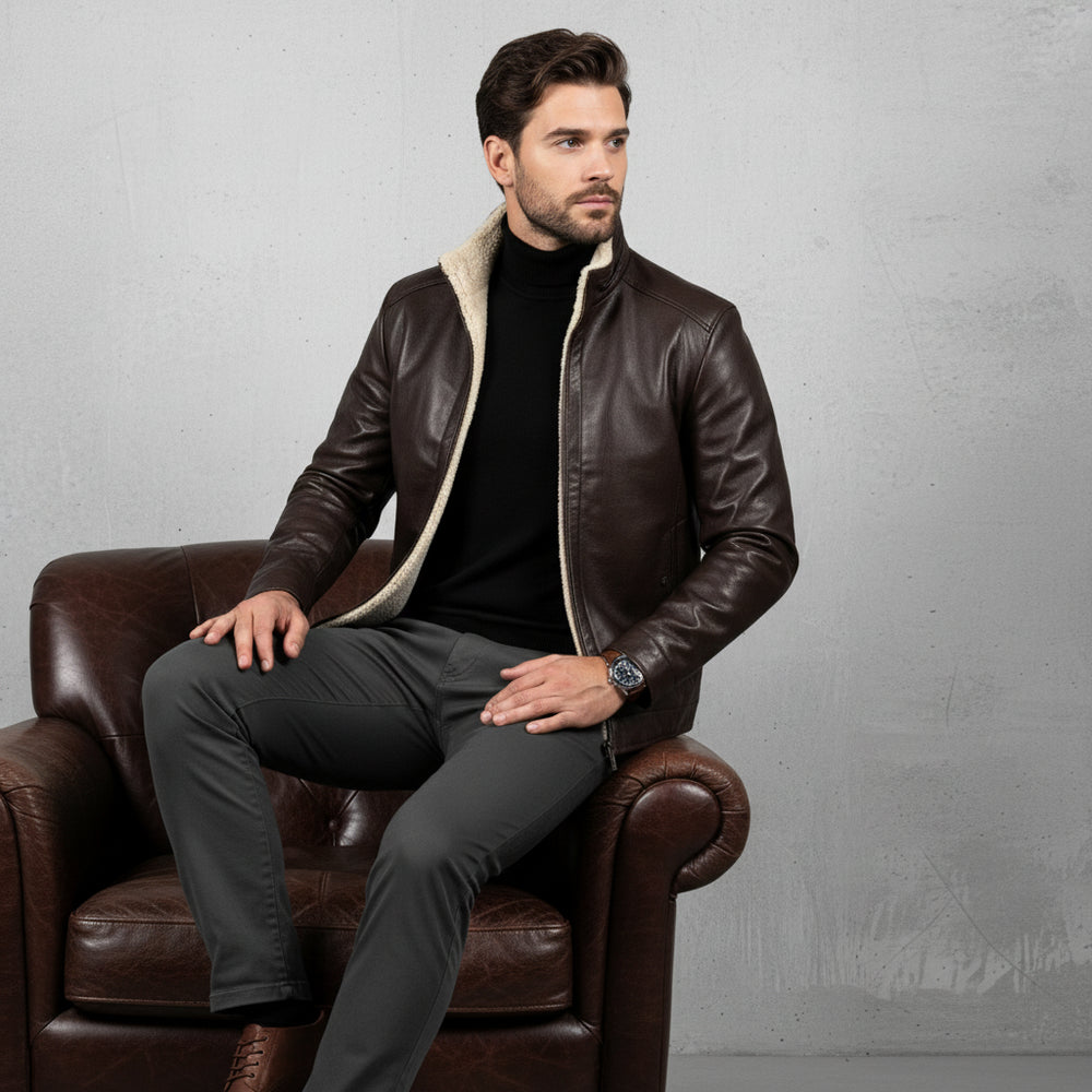 Lässige Herren Lederjacke Stehkragen | Plüschfutter