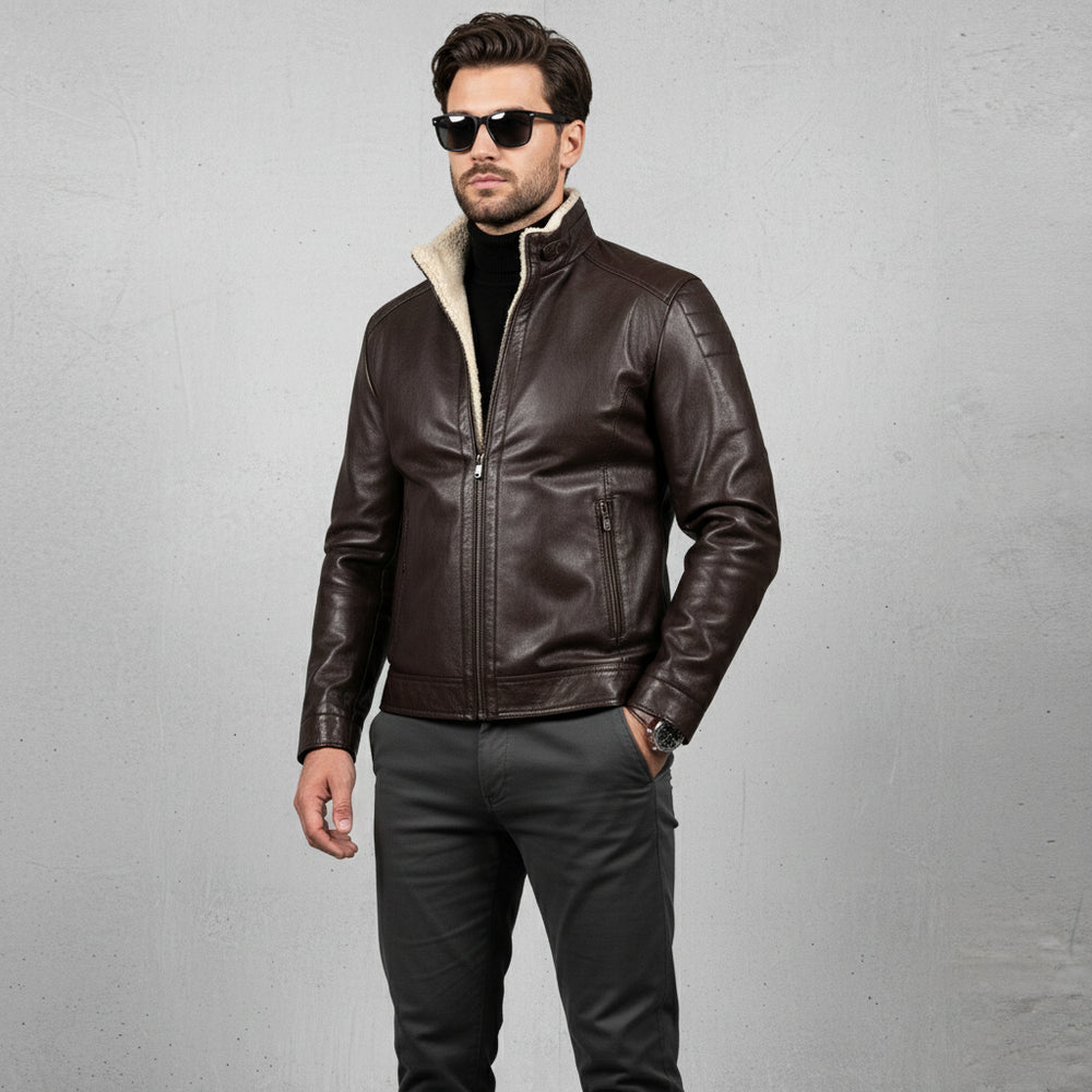Lässige Herren Lederjacke Stehkragen | Plüschfutter