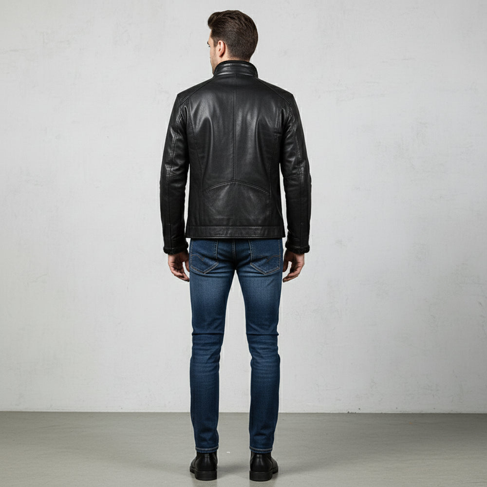 Lässige Herren Lederjacke Stehkragen | Plüschfutter