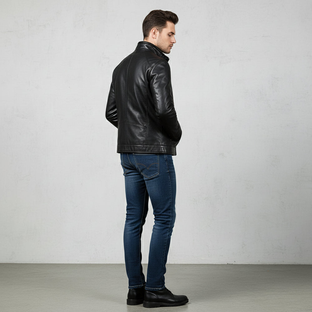 Lässige Herren Lederjacke Stehkragen | Plüschfutter