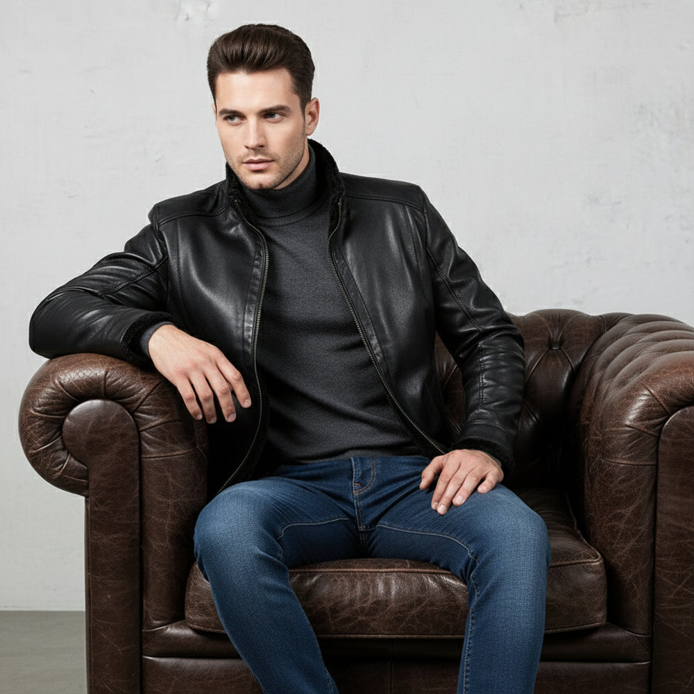 Lässige Herren Lederjacke Stehkragen | Plüschfutter