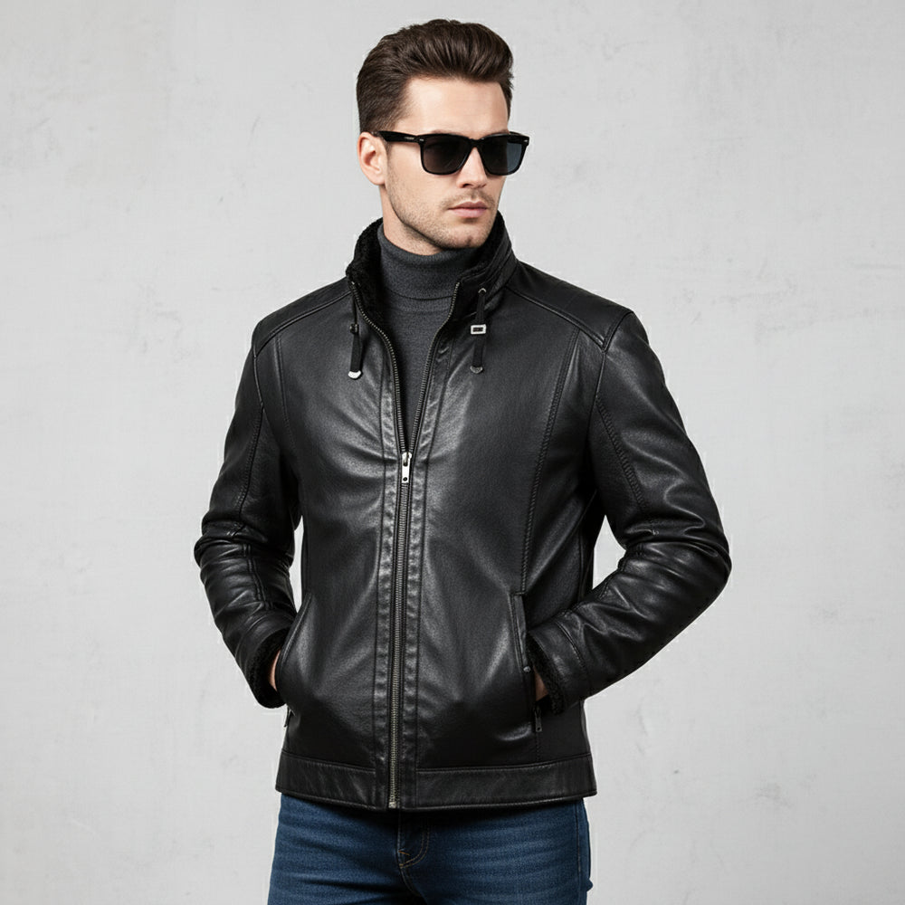 Lässige Herren Lederjacke Stehkragen | Plüschfutter