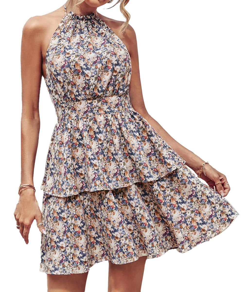 Alice – Sommerliches bedrucktes Halterkleid im Boho-Stil mit Rüschen für Damen