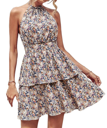 Alice – Sommerliches bedrucktes Halterkleid im Boho-Stil mit Rüschen für Damen