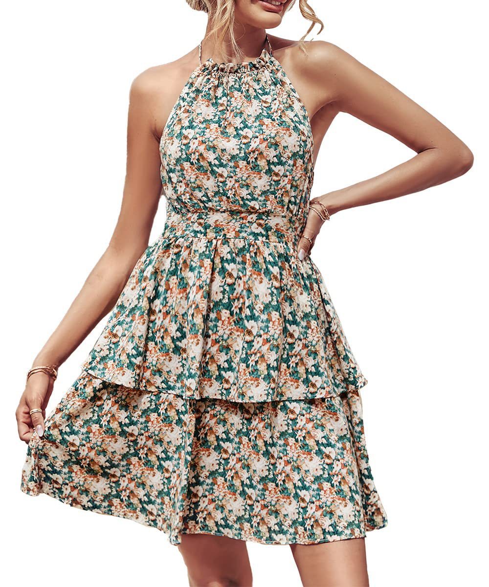 Alice – Sommerliches bedrucktes Halterkleid im Boho-Stil mit Rüschen für Damen