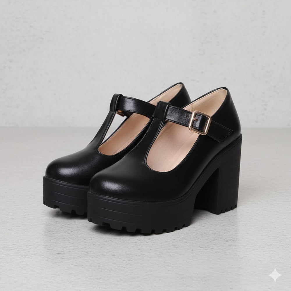 Damen T-Steg Pumps | Retro Stil mit Blockabsatz & Schnalle