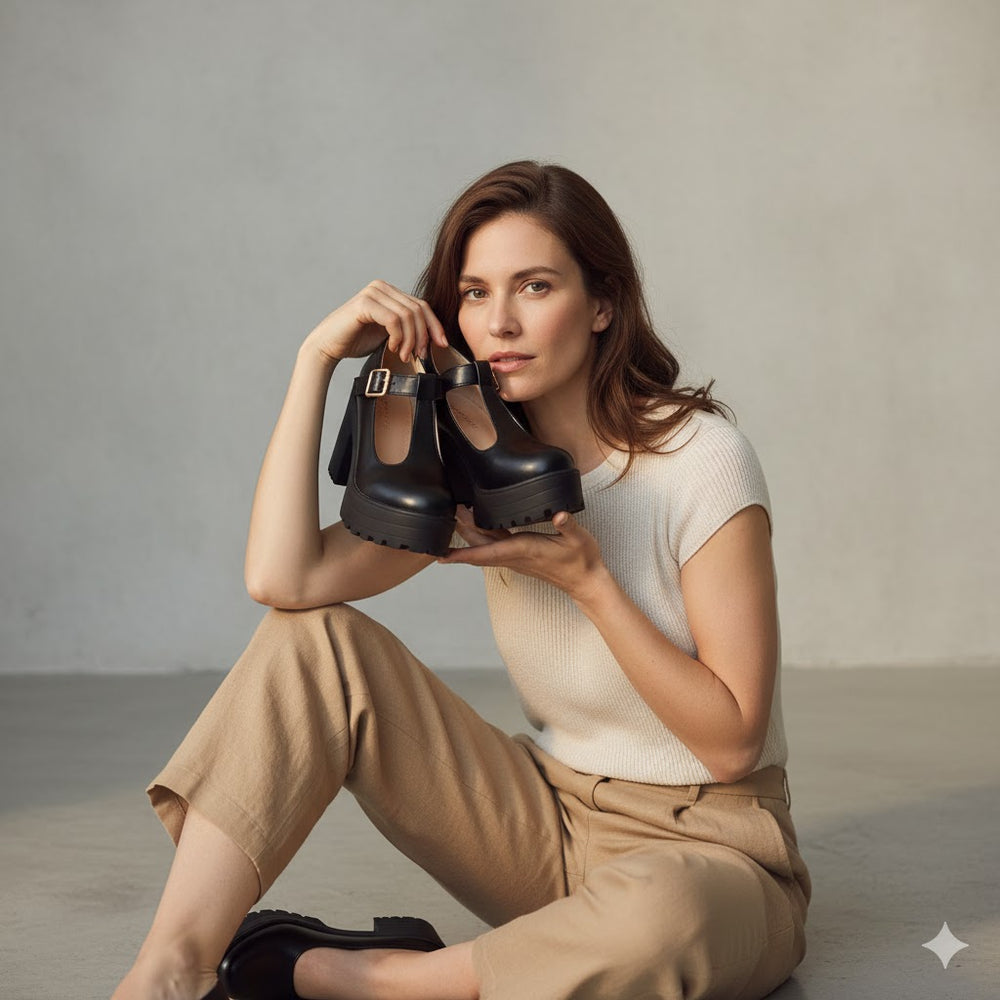 Damen T-Steg Pumps | Retro Stil mit Blockabsatz & Schnalle