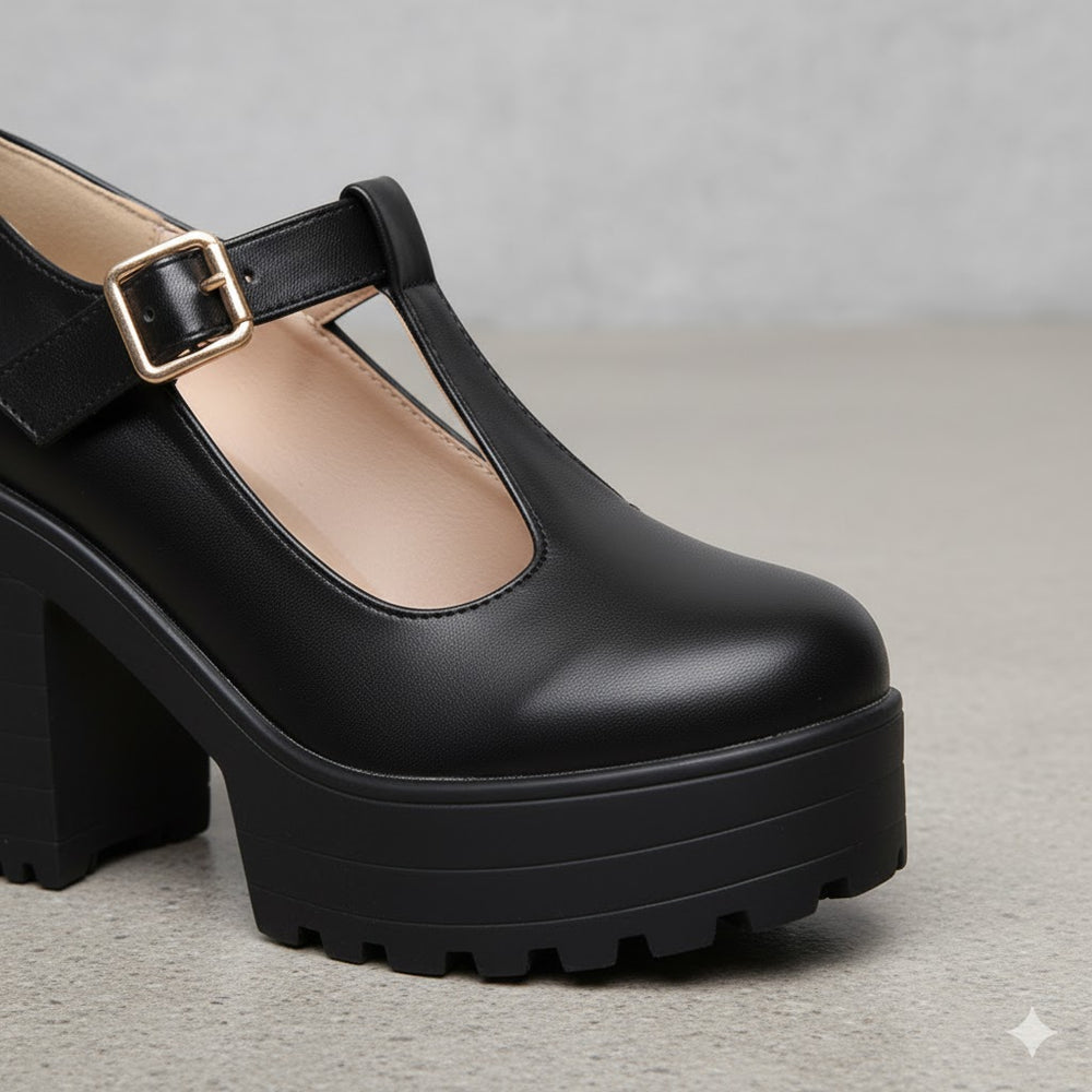 Damen T-Steg Pumps | Retro Stil mit Blockabsatz & Schnalle