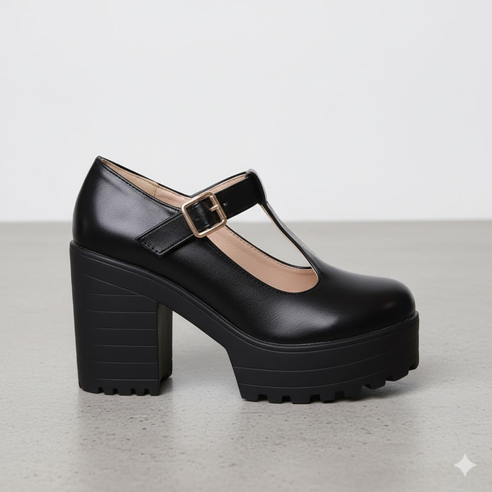 Damen T-Steg Pumps | Retro Stil mit Blockabsatz & Schnalle