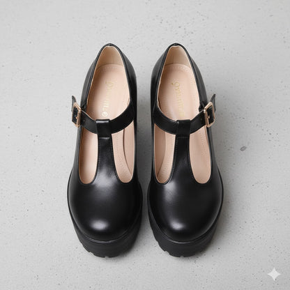 Damen T-Steg Pumps | Retro Stil mit Blockabsatz & Schnalle