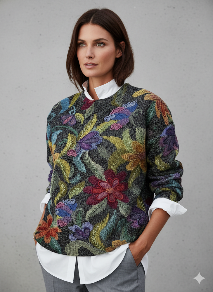 Damen Strickpullover mit Blumenmuster | Locker & Elegant