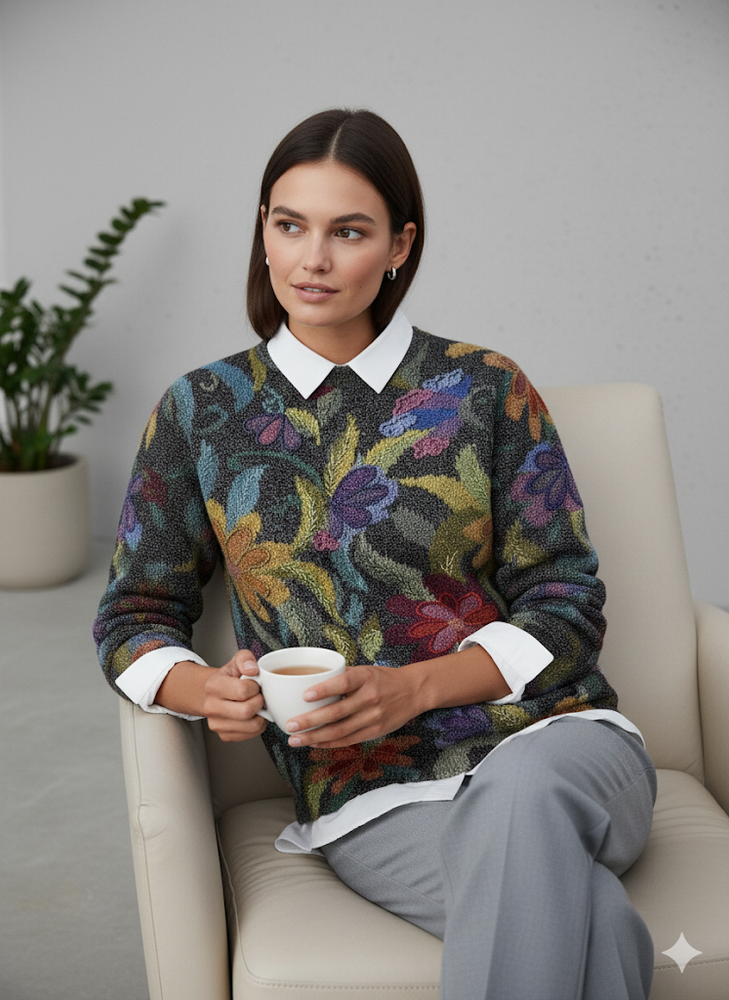 Damen Strickpullover mit Blumenmuster | Locker & Elegant