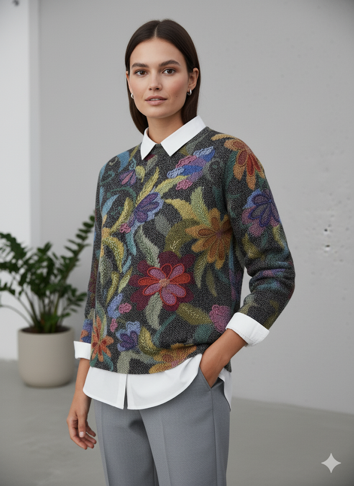 Damen Strickpullover mit Blumenmuster | Locker & Elegant