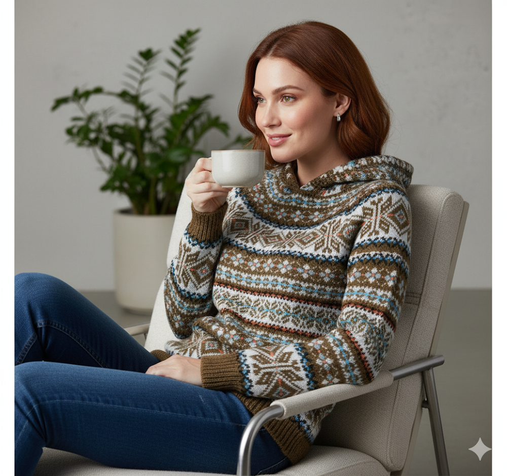 Gemusterter Damen Hoodie Pullover mit Kapuze | Winter