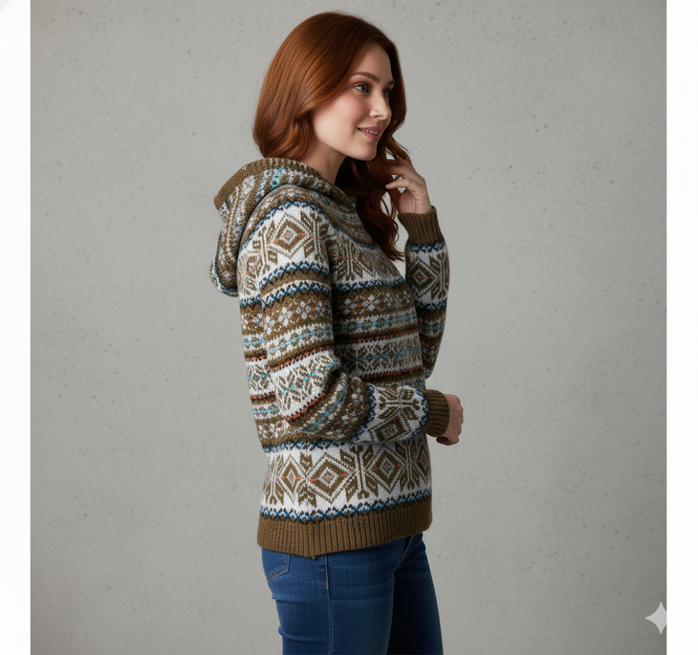 Gemusterter Damen Hoodie Pullover mit Kapuze | Winter