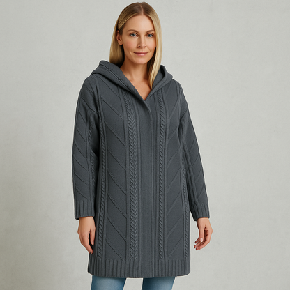 Langer Damen Strickmantel mit Kapuze | Elegant & Warm für Herbst/Winter