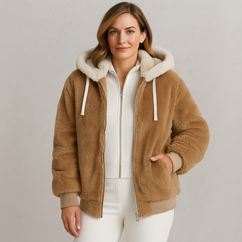 Kuschelige Damen Plüschjacke mit Kapuze und Reißverschluss | Winter
