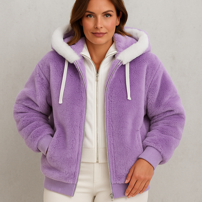 Kuschelige Damen Plüschjacke mit Kapuze und Reißverschluss | Winter
