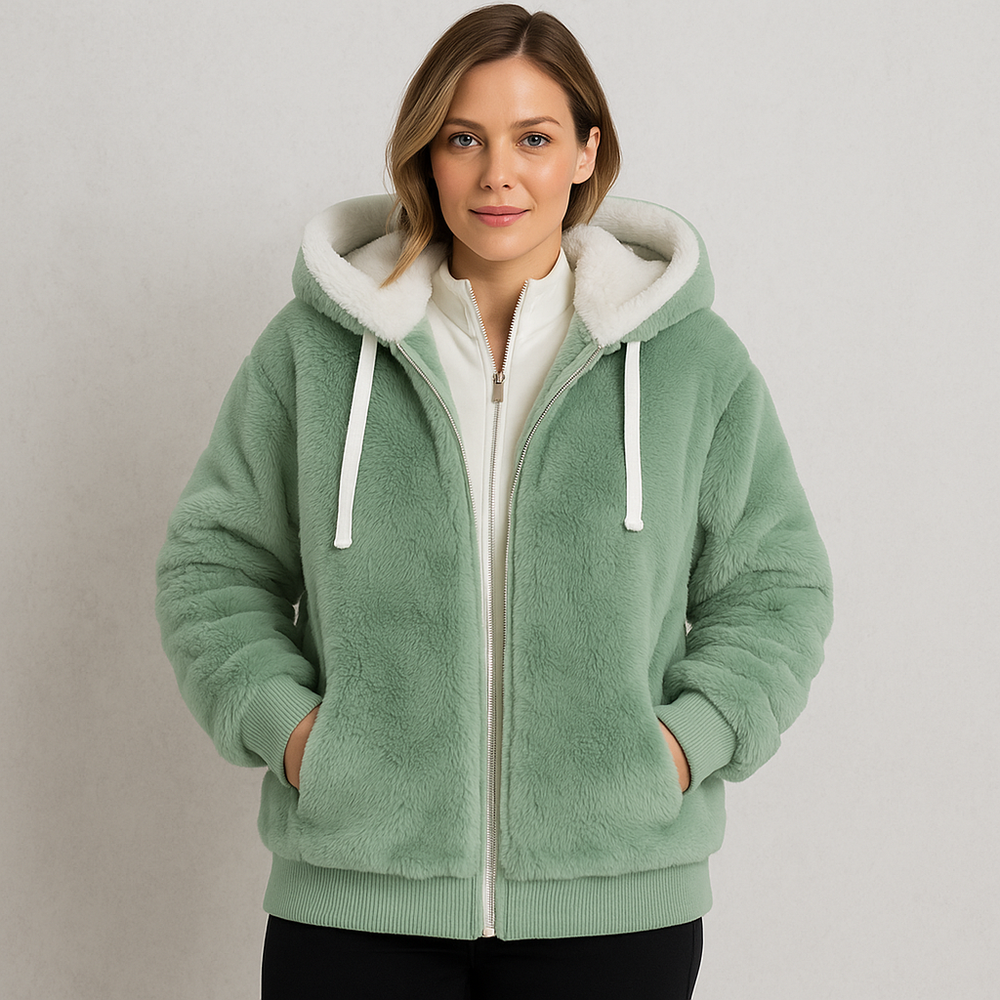 Kuschelige Damen Plüschjacke mit Kapuze und Reißverschluss | Winter