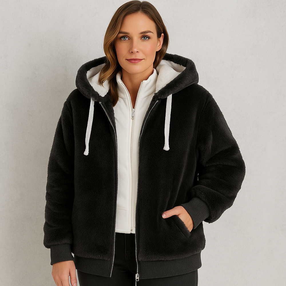 Kuschelige Damen Plüschjacke mit Kapuze und Reißverschluss | Winter