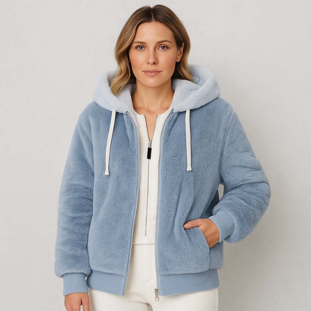 Kuschelige Damen Plüschjacke mit Kapuze und Reißverschluss | Winter