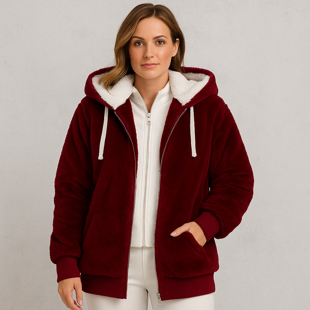 Kuschelige Damen Plüschjacke mit Kapuze und Reißverschluss | Winter