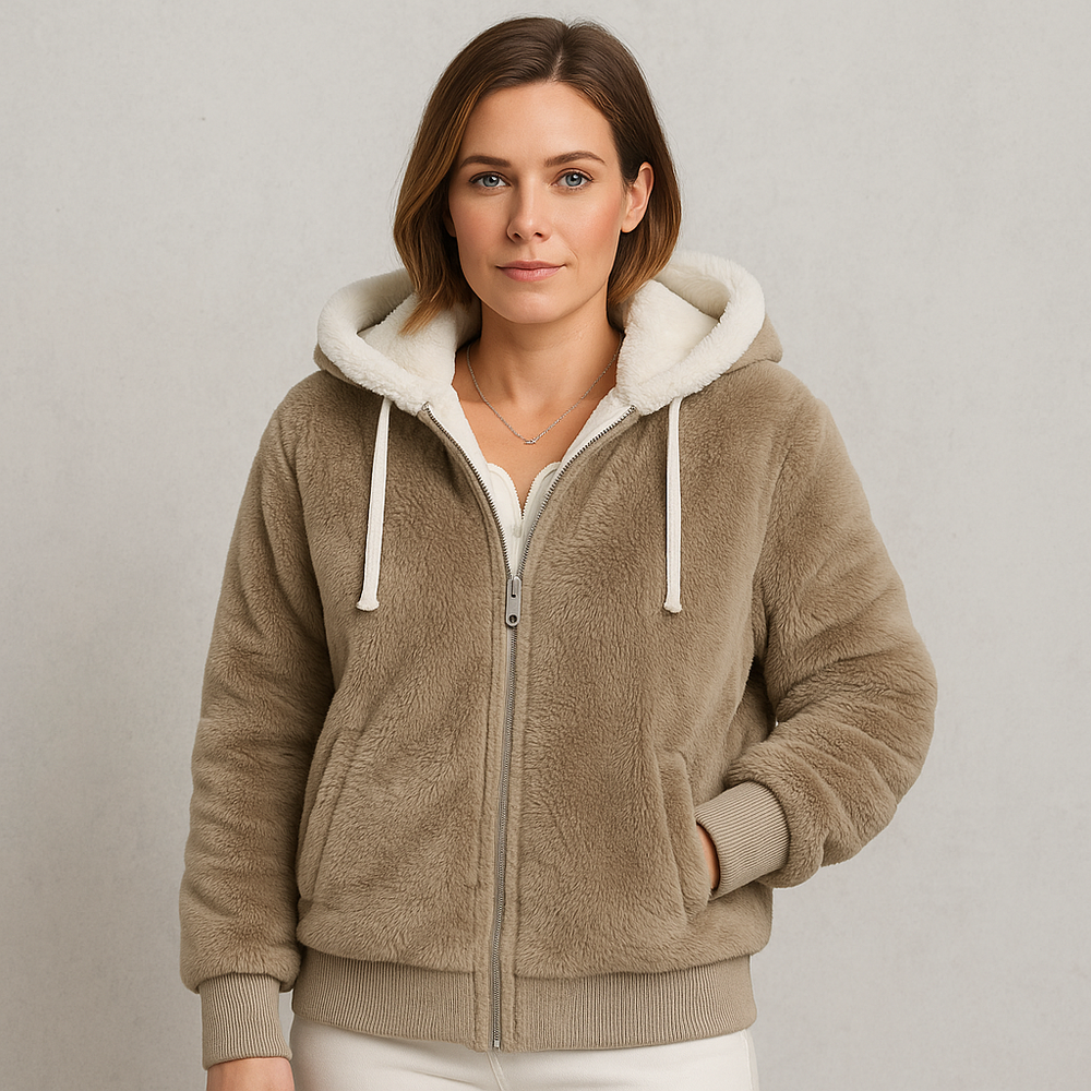 Kuschelige Damen Plüschjacke mit Kapuze und Reißverschluss | Winter