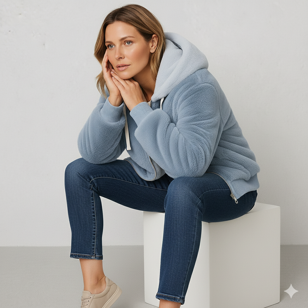 Kuschelige Damen Plüschjacke mit Kapuze und Reißverschluss | Winter