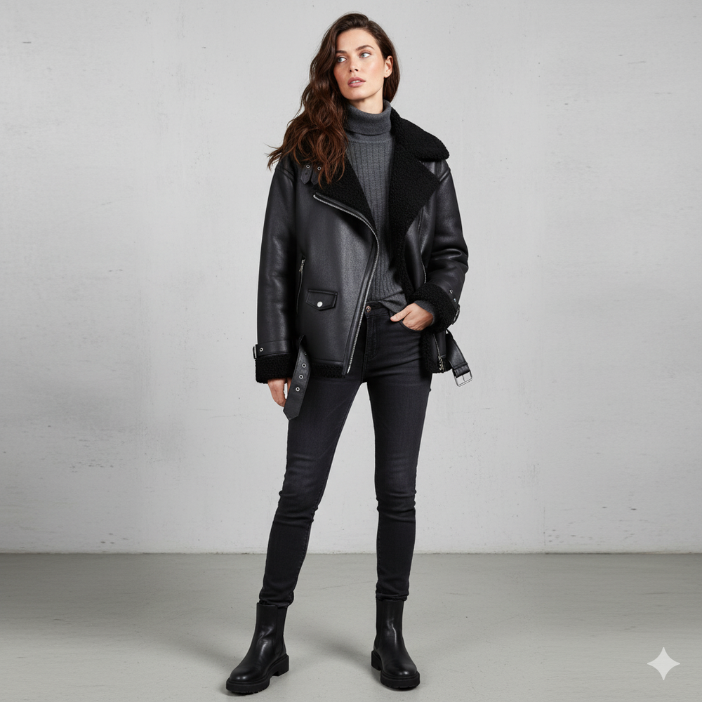 Damen Jacke mit Kunstfellkragen | Biker Style & Warm | Winter